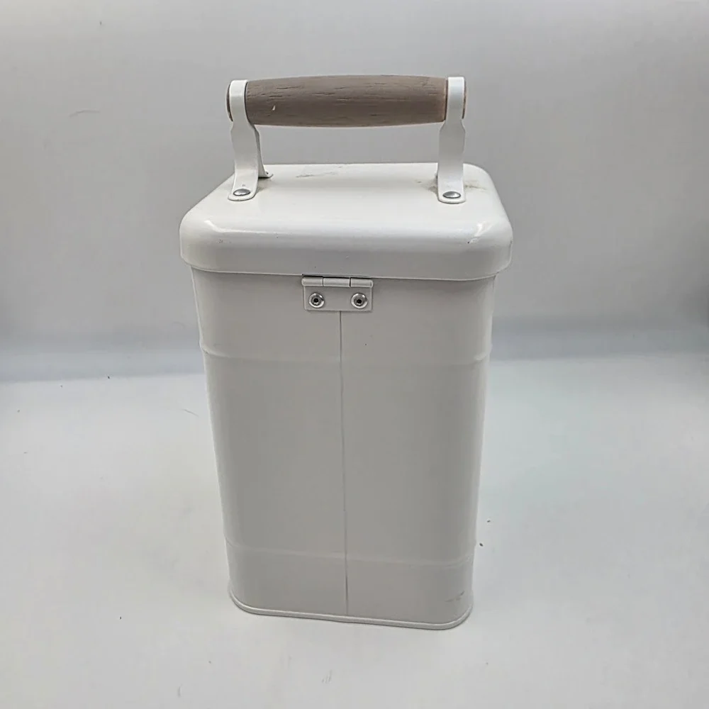 Farmhouse Metal Laundry Detergent Storage Tin Bin with Wood Handle Cream White